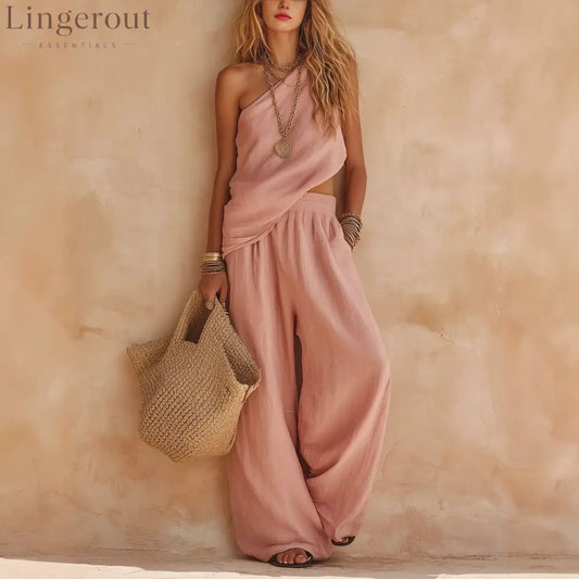 Dusty Pink Asymmetrical One-Shoulder Linen Two-Piece Pants Set - Pink / S