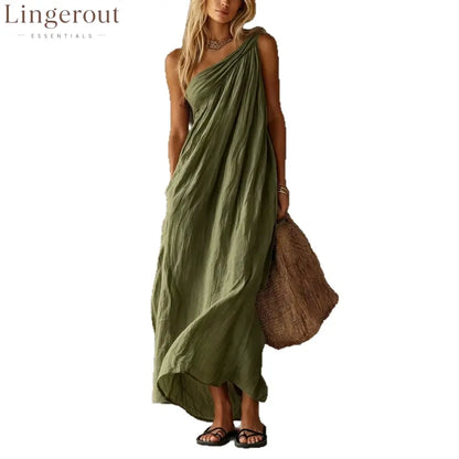 Dusty Pink One Shoulder Ruched Linen Maxi Dress