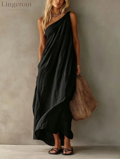 Dusty Pink One Shoulder Ruched Linen Maxi Dress - Black / S