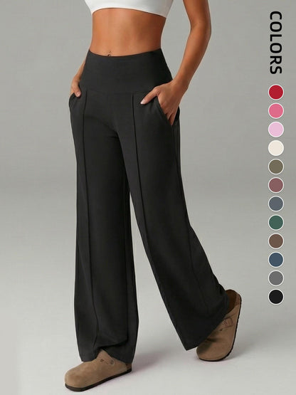 Women's Plain Loose Straight Leg Pants, Wide Leg High Waist Sporty Casual Sweatpants with Pockets