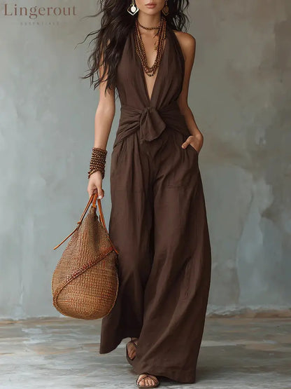 Earthy Brown Halter Wide-Leg Jumpsuit - Brown / XS
