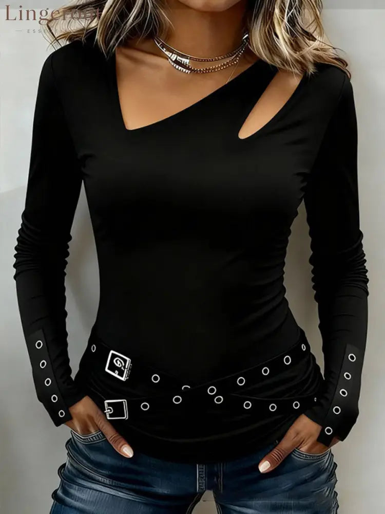Edgy Stylish Cutout Long-sleeve Top - Black / S