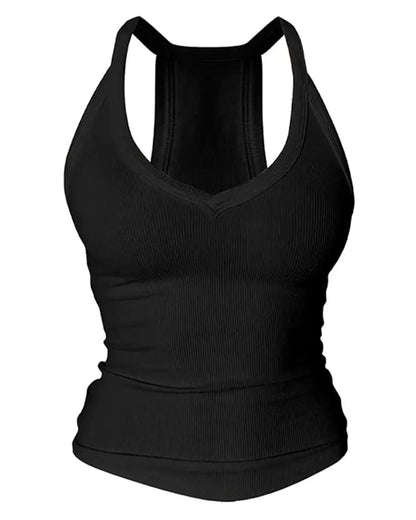 Built-in Bra V-Neck Ribbed Spaghetti Strap Cami Top - Black / S
