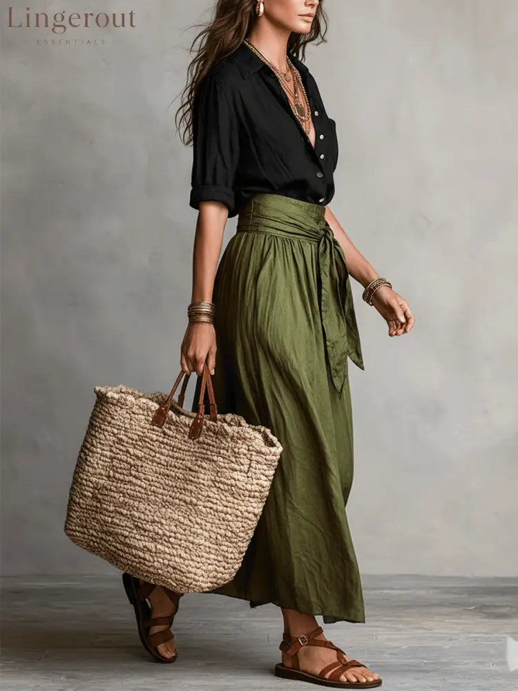 Effortless Boho Black Blouse & Olive Satin Midi Skirt Set