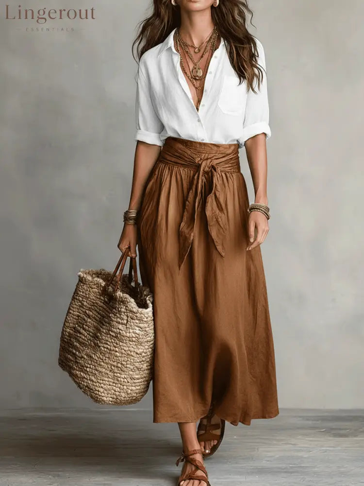 Effortless Boho Black Blouse & Olive Satin Midi Skirt Set - White / XS