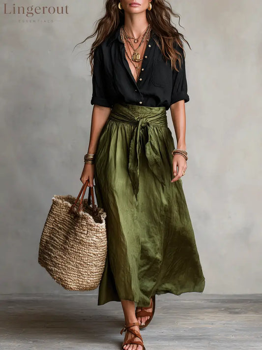 Effortless Boho Black Blouse & Olive Satin Midi Skirt Set - Black / XS