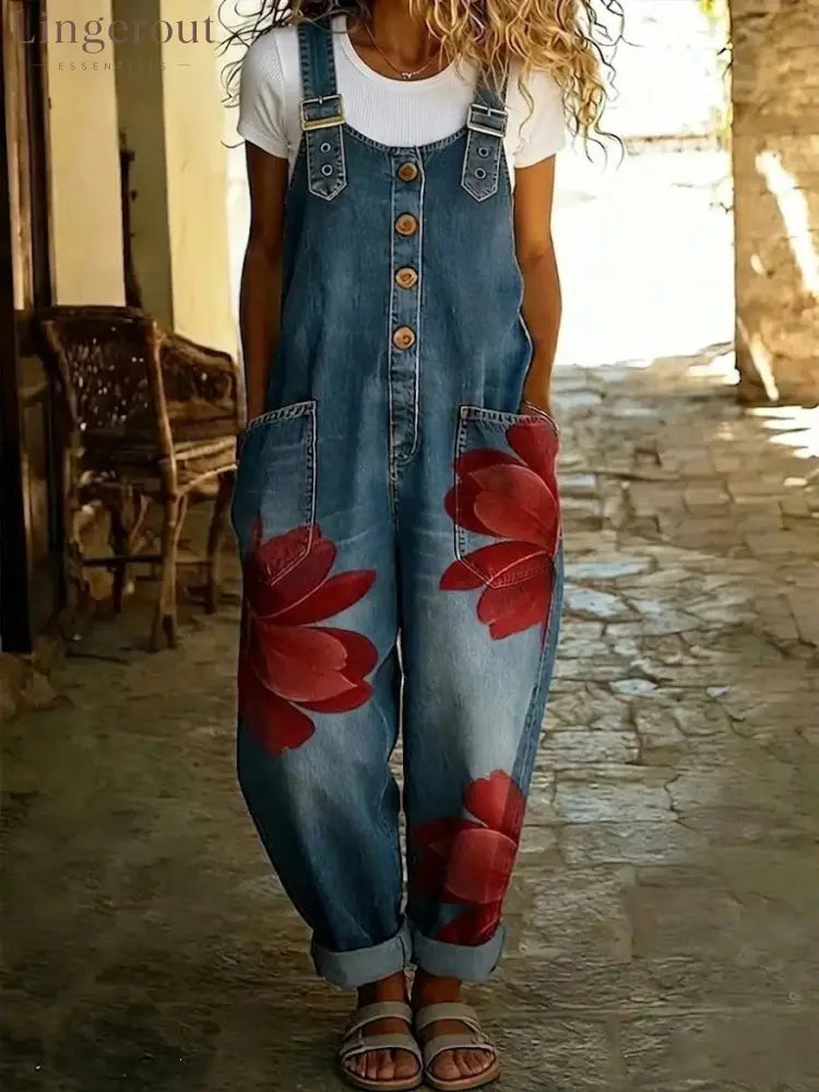 Effortless Boho Floral Denim Overalls for Women - Big red flower / S