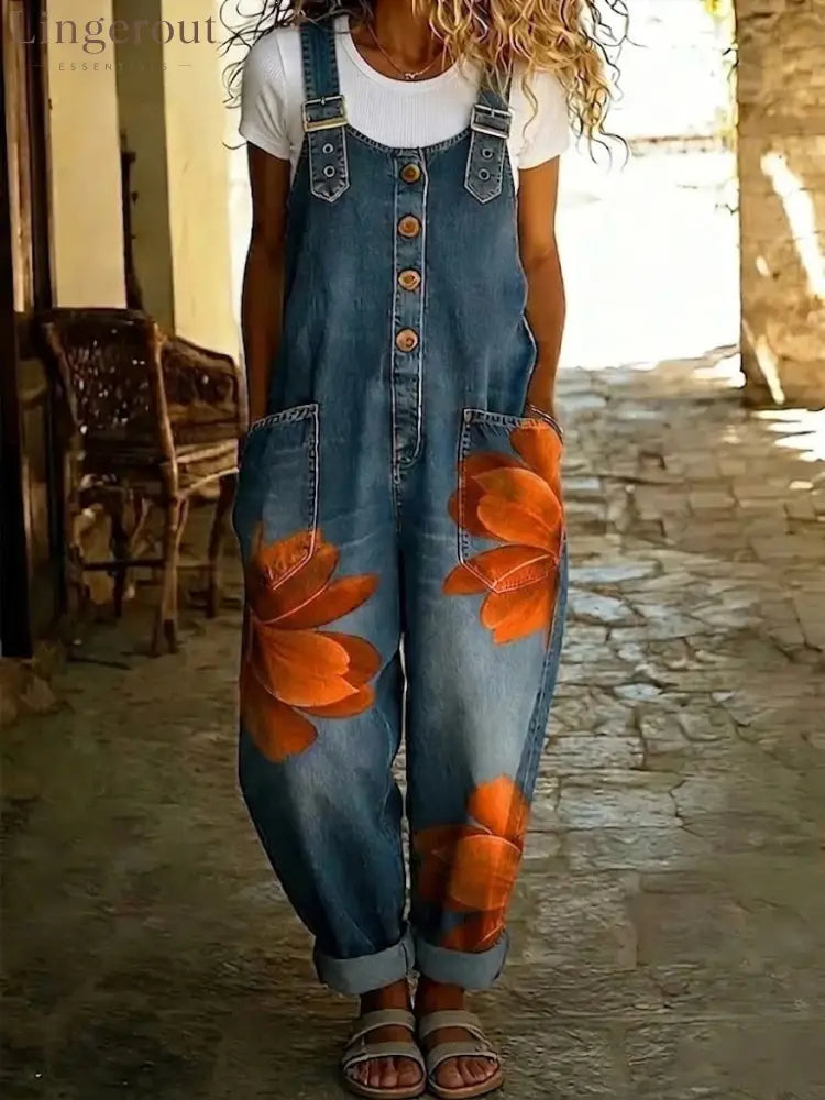 Effortless Boho Floral Denim Overalls for Women - Large orange flowers / S