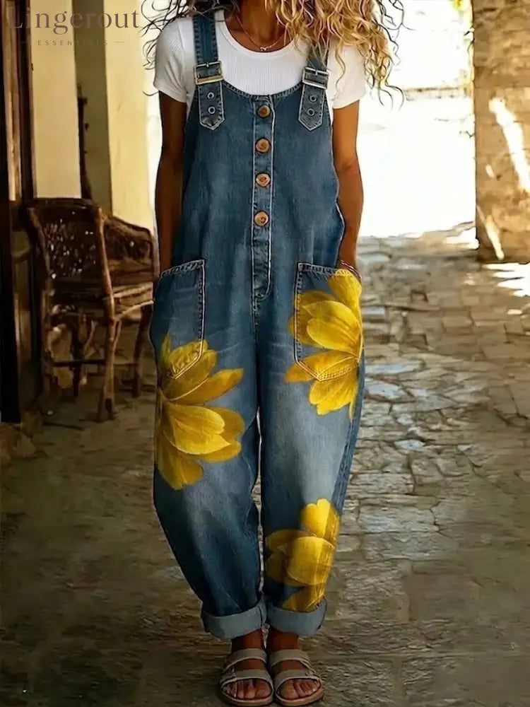 Effortless Boho Floral Denim Overalls for Women - Large yellow flowers / S
