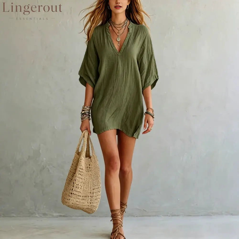 Effortless Boho Tunic Dress – Versatile Summer Essential - Olive green / S