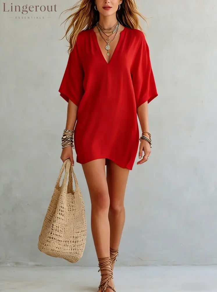 Effortless Boho Tunic Dress – Versatile Summer Essential - Red / S