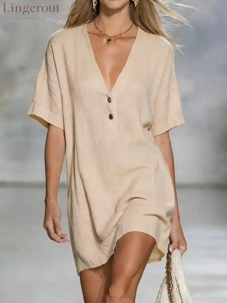 Effortless Chic Linen-Blend V-Neck Shirt Dress - Apricot / S