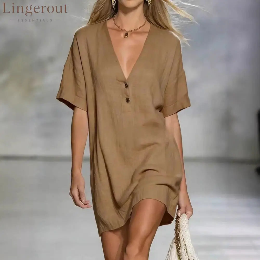 Effortless Chic Linen-Blend V-Neck Shirt Dress - Khaki / S
