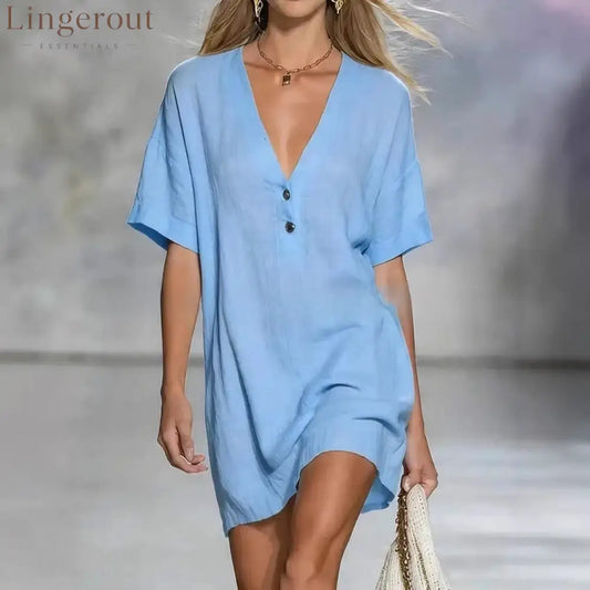 Effortless Chic Linen-Blend V-Neck Shirt Dress - Light blue / S