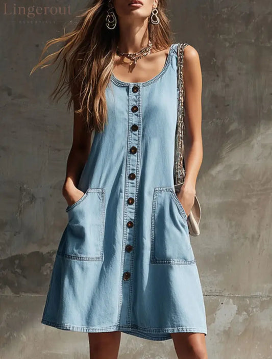 Effortless Chic Sleeveless Denim Shift Dress for Women - Light blue / S