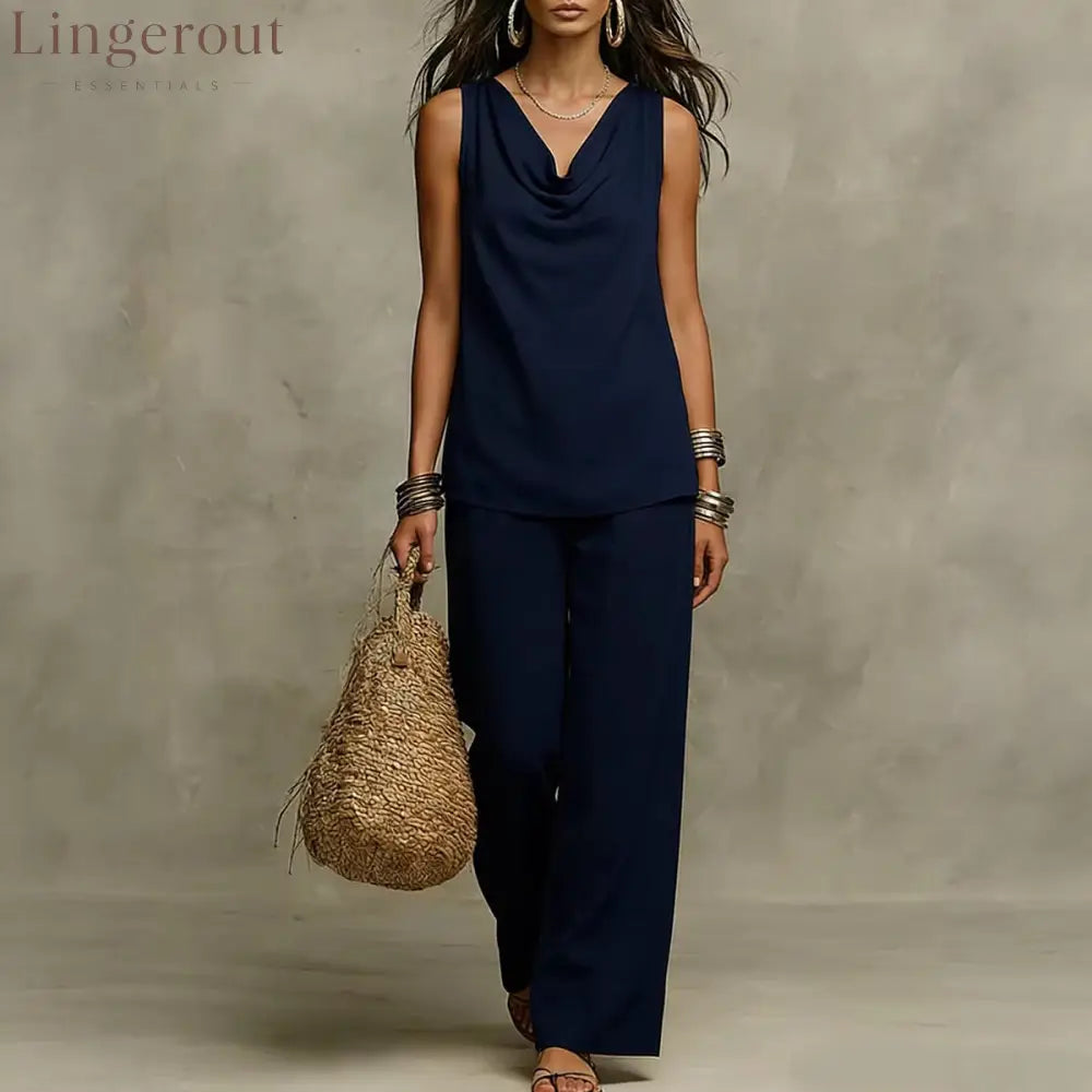 Effortless Drape Two-Piece Set - Sleeveless Cowl Neck Top & Wide Leg Pants