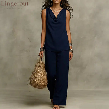 Effortless Drape Two-Piece Set - Sleeveless Cowl Neck Top & Wide Leg Pants
