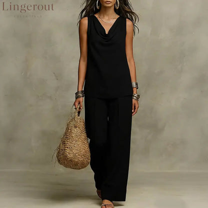 Effortless Drape Two-Piece Set - Sleeveless Cowl Neck Top & Wide Leg Pants