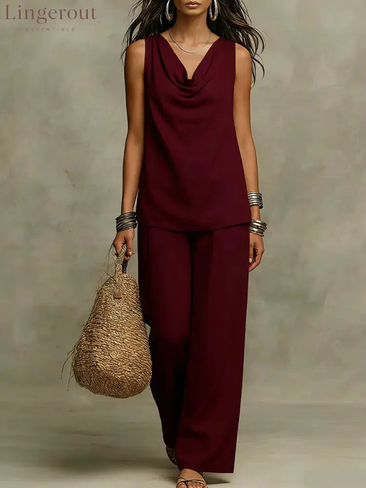 Effortless Drape Two-Piece Set - Sleeveless Cowl Neck Top & Wide Leg Pants - Burgundy / S