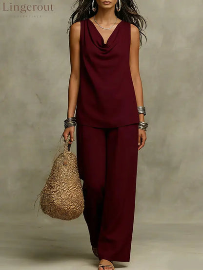 Effortless Drape Two-Piece Set - Sleeveless Cowl Neck Top & Wide Leg Pants - Burgundy / S