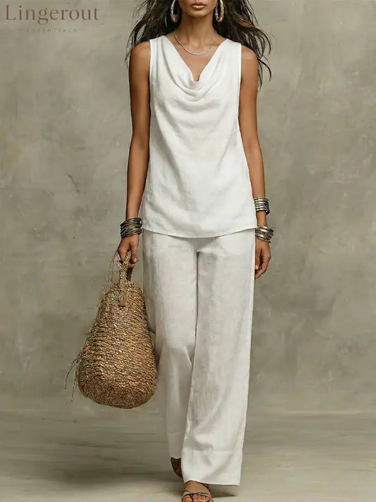 Effortless Drape Two-Piece Set - Sleeveless Cowl Neck Top & Wide Leg Pants - White / S