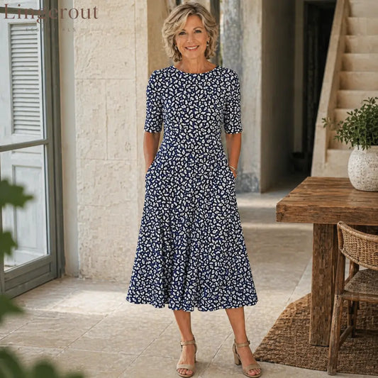 Effortless Floral Midi Dress - Dark Blue / S