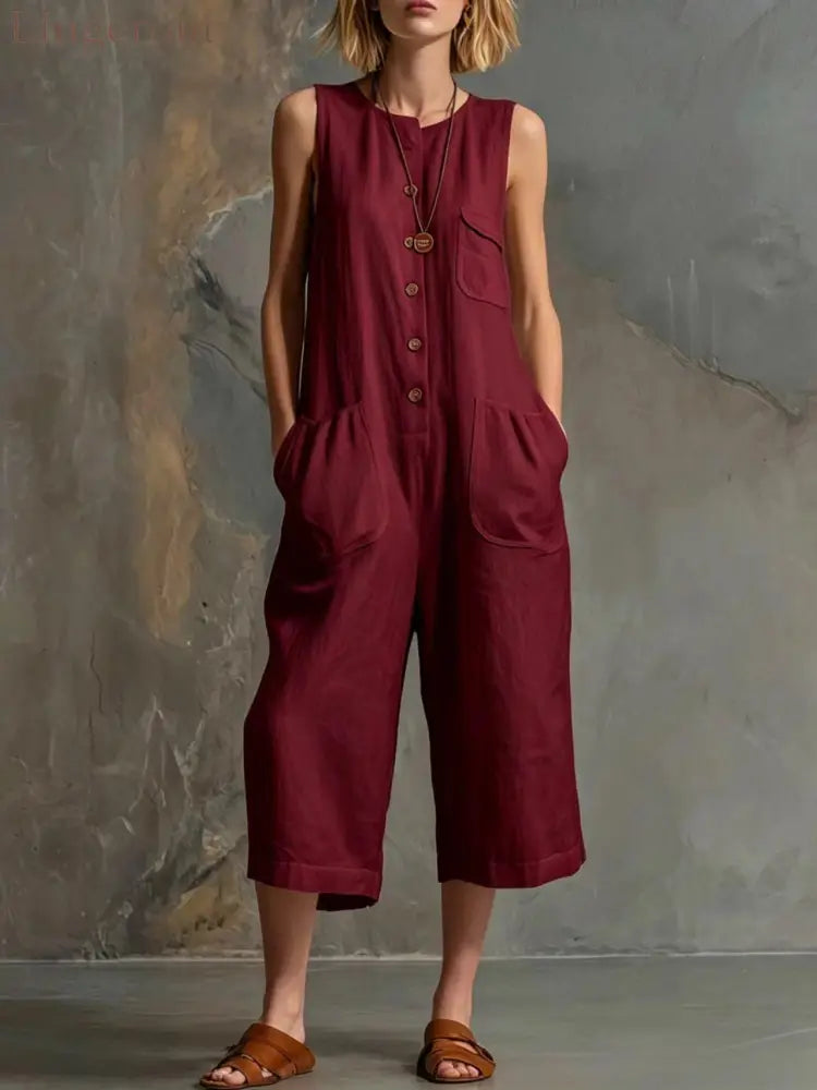 Effortless Linen Sleeveless Wide-Leg Jumpsuit - Burgundy / S