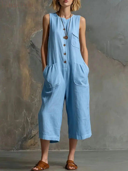 Effortless Linen Sleeveless Wide-Leg Jumpsuit - Sky blue / S