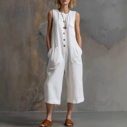Effortless Linen Sleeveless Wide-Leg Jumpsuit - White / S