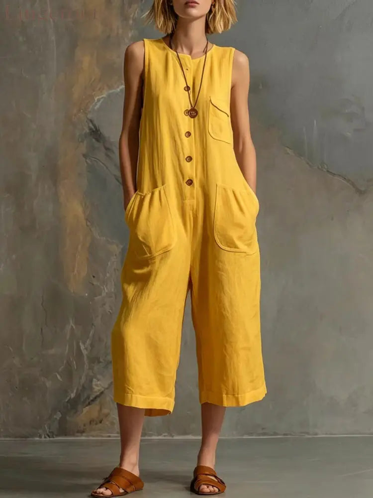 Effortless Linen Sleeveless Wide-Leg Jumpsuit - Yellow / S