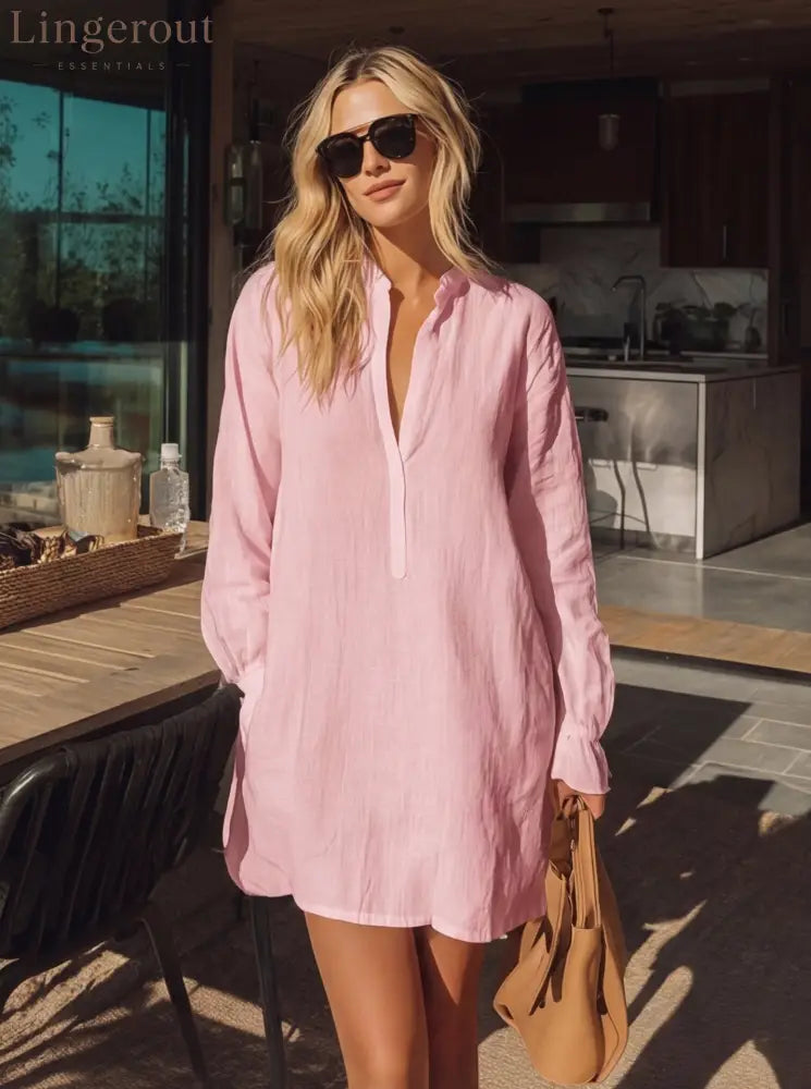 Effortless Long-Sleeve Linen Tunic Dress - Pink / S
