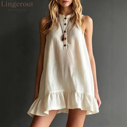 Effortless Sleeveless Ruffle Hem Shift Dress – Relaxed Linen Blend Style