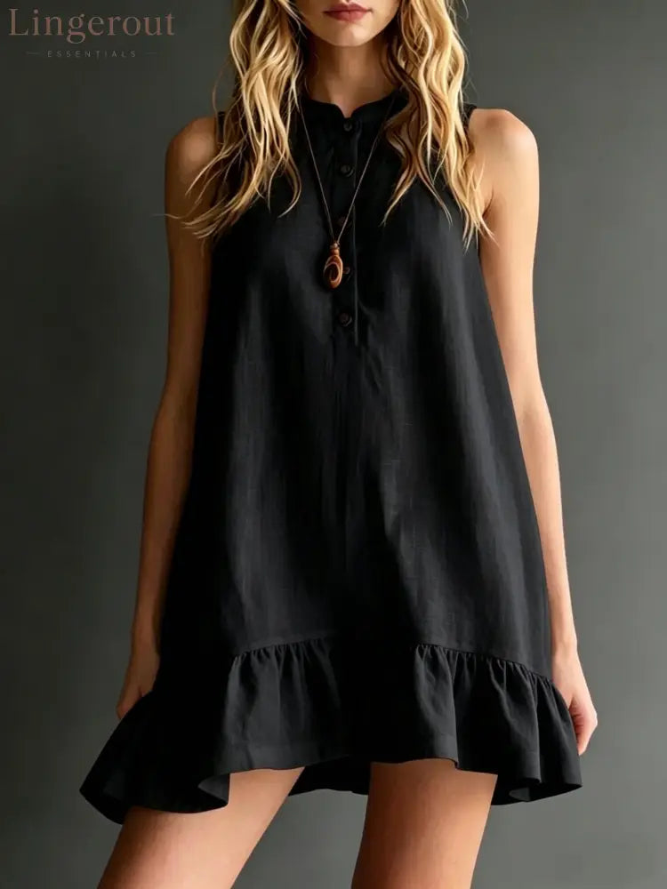 Effortless Sleeveless Ruffle Hem Shift Dress – Relaxed Linen Blend Style - Black / S