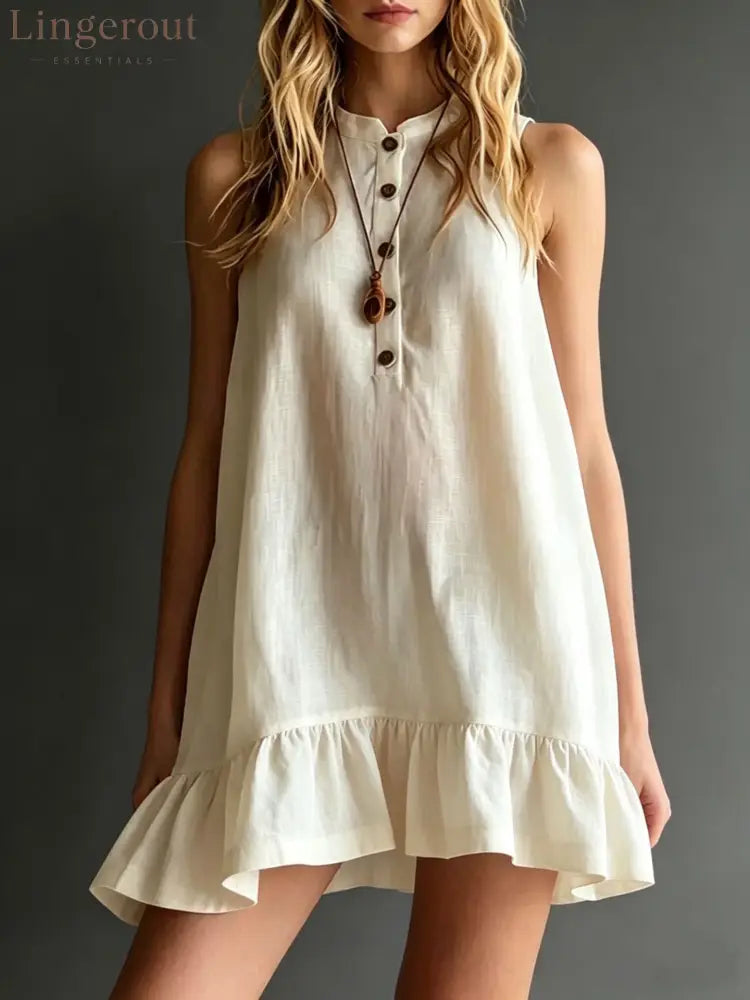 Effortless Sleeveless Ruffle Hem Shift Dress – Relaxed Linen Blend Style - Ivory white / S