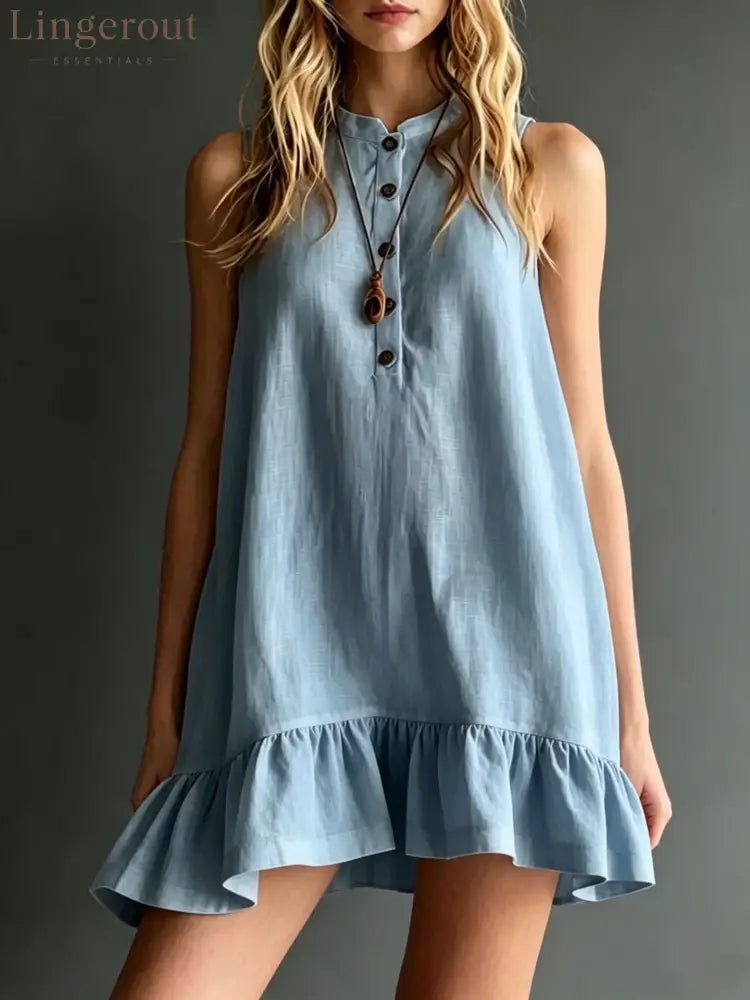 Effortless Sleeveless Ruffle Hem Shift Dress – Relaxed Linen Blend Style - Light blue / S