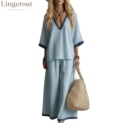 Effortless V-Neck Top & Wide-Leg Pants Two-Piece Set - Light blue / S