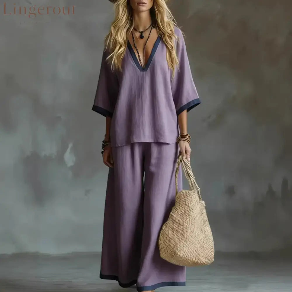 Effortless V-Neck Top & Wide-Leg Pants Two-Piece Set - Purple / S