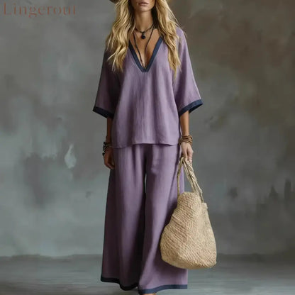 Effortless V-Neck Top & Wide-Leg Pants Two-Piece Set - Purple / S