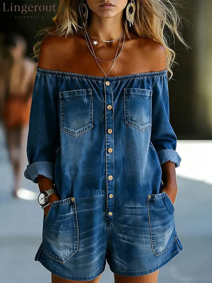 Effortlessly Cool Off-Shoulder Denim Romper - Blue / S