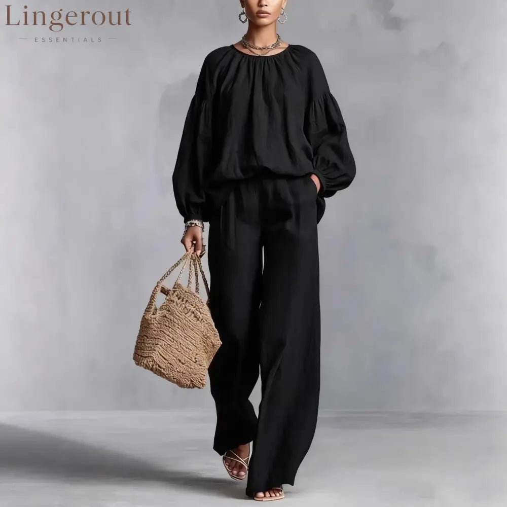 Elastic Neck Linen Blend Matching Two Piece Set
