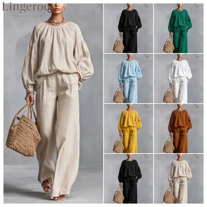 Elastic Neck Linen Blend Matching Two Piece Set