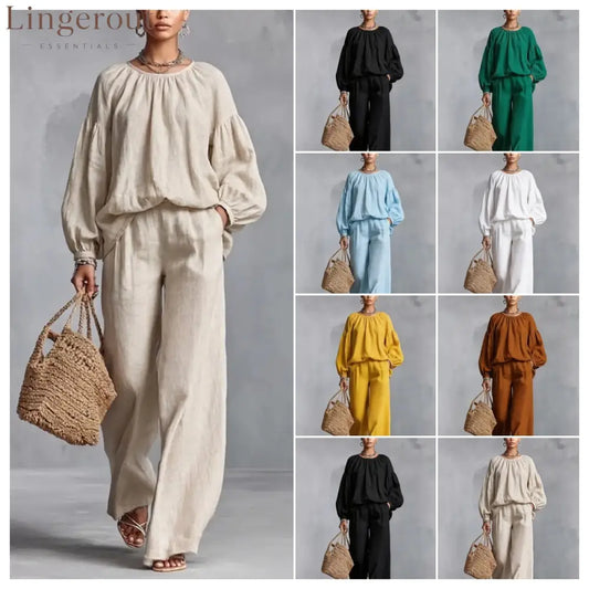 Elastic Neck Linen Blend Matching Two Piece Set