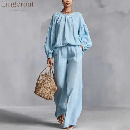 Elastic Neck Linen Blend Matching Two Piece Set