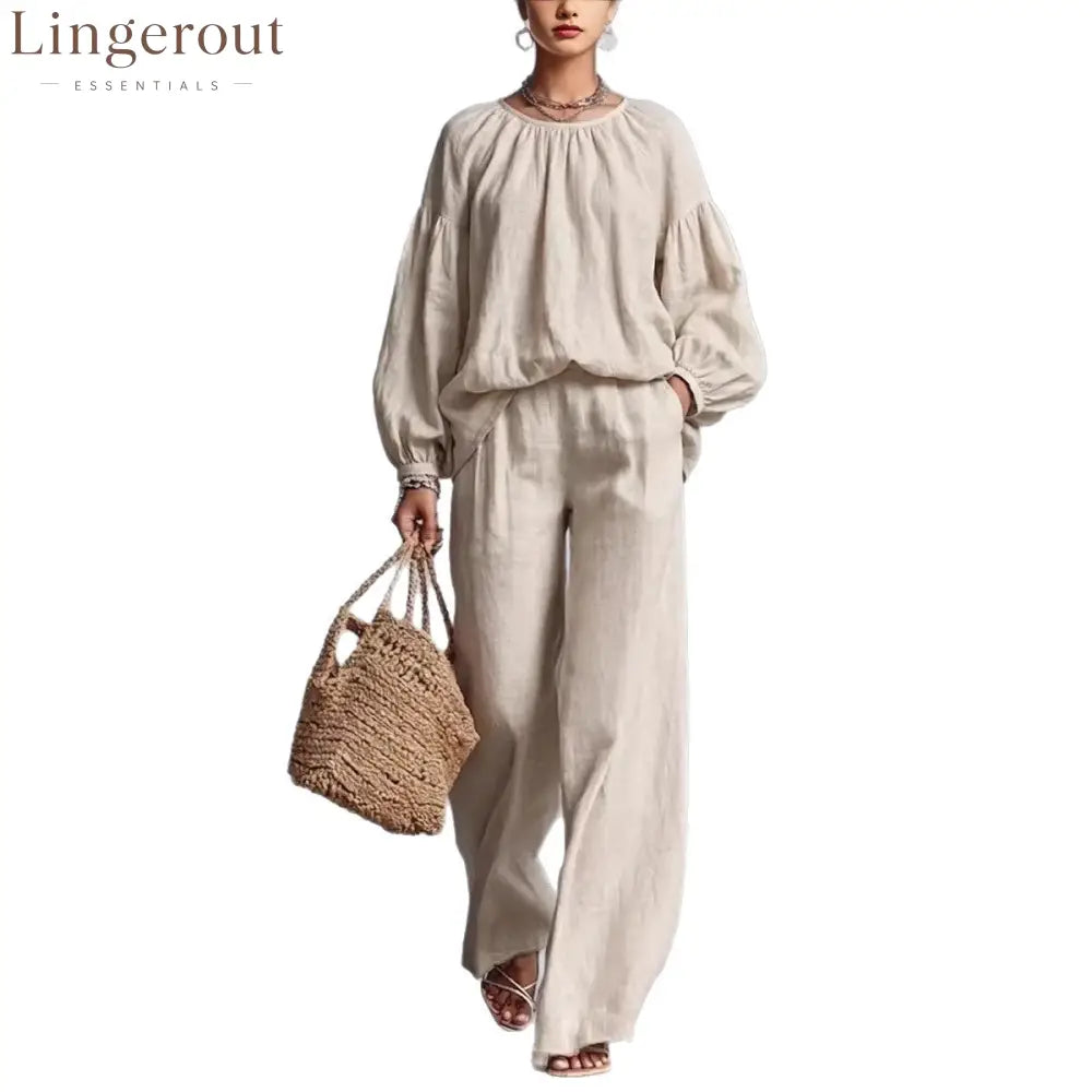 Elastic Neck Linen Blend Matching Two Piece Set