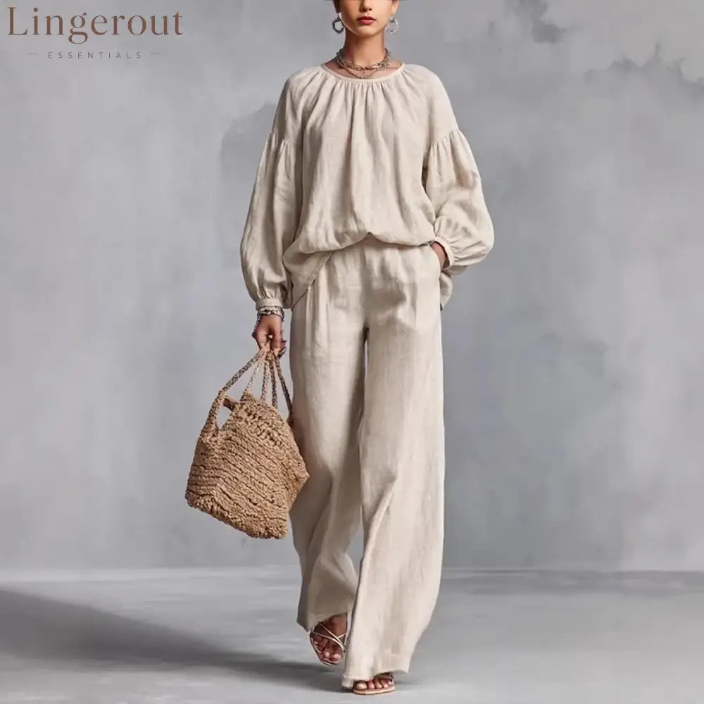 Elastic Neck Linen Blend Matching Two Piece Set