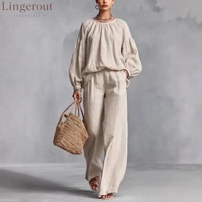 Elastic Neck Linen Blend Matching Two Piece Set
