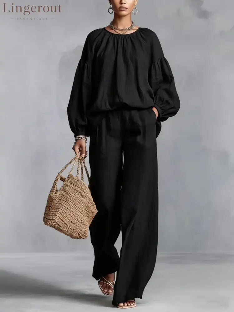 Elastic Neck Linen Blend Matching Two Piece Set - Black / S