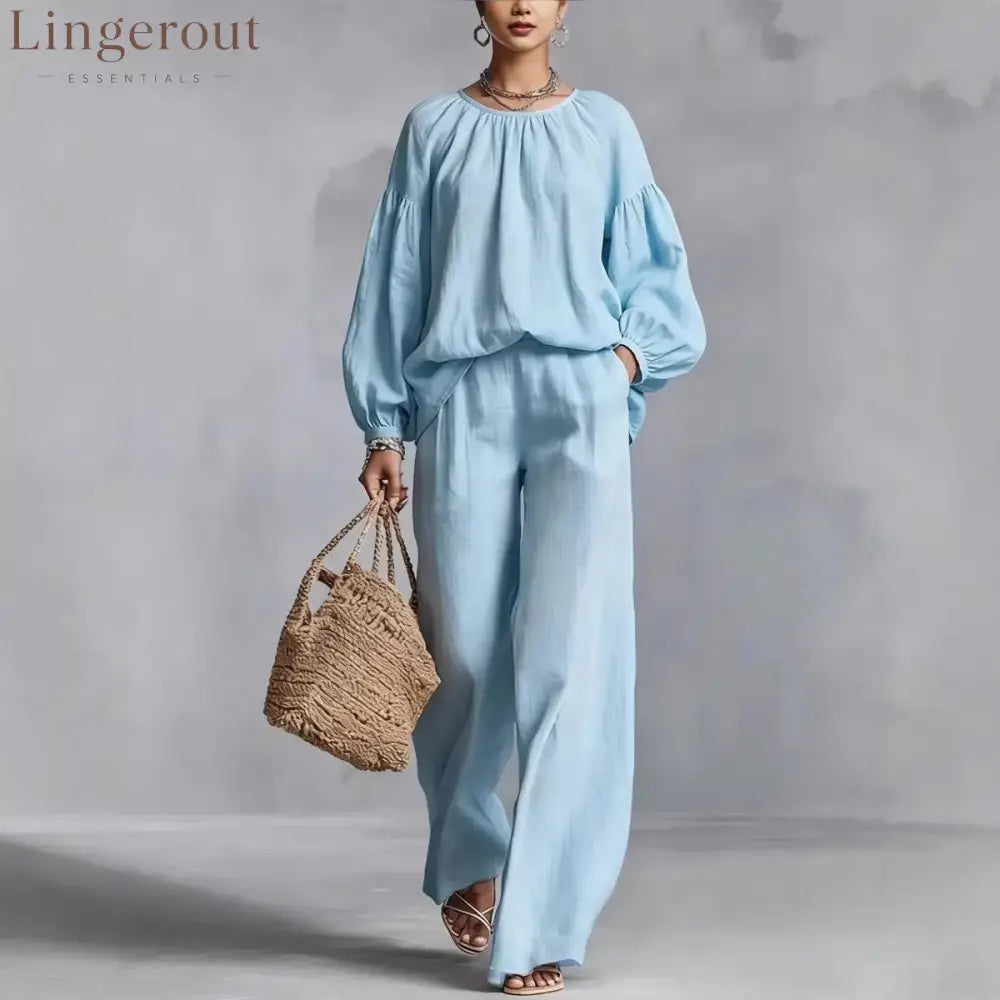 Elastic Neck Linen Blend Matching Two Piece Set - Blue / S
