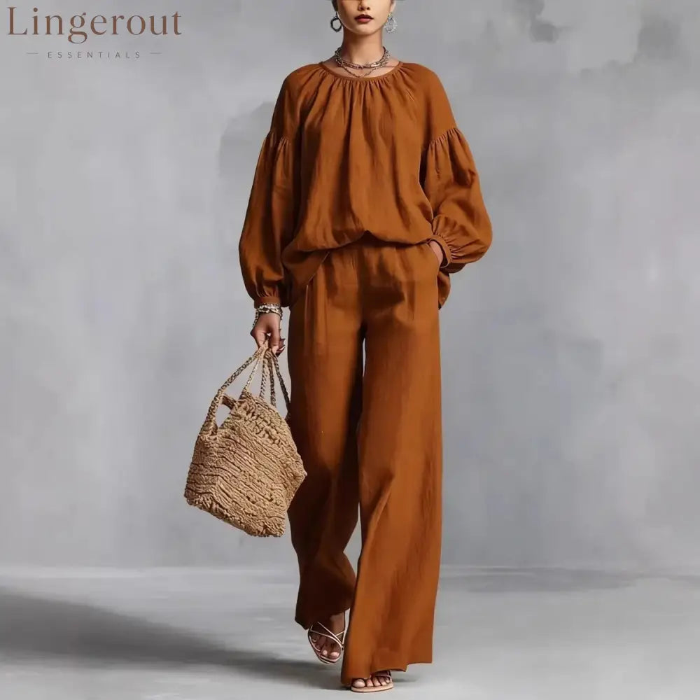 Elastic Neck Linen Blend Matching Two Piece Set - Brown / S