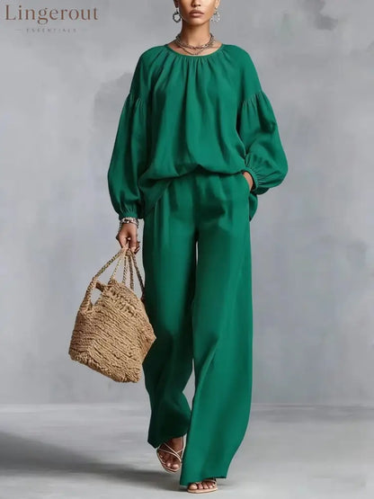 Elastic Neck Linen Blend Matching Two Piece Set - Green / S